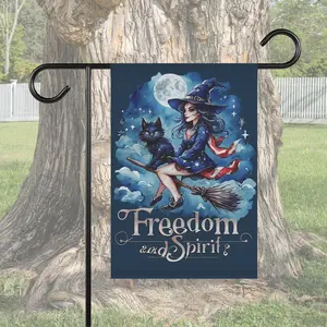 American Freedom Witchy Garden Flag, Broomstick Witch With Cat, 4Th Of July Patriotic Decor, Magical Banner For Outdoor Yard Decoration 45799 429