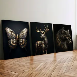 3Pcs Wooden Framed Canvas Painting, Black Gold Animals Butterfly Deer Cat Images, Exquisite Poster, Home Decoration, Pattern Wall Art Decor, For Living Room, Bedroom, Office, Restaurant, Bar Wall Decor, Odorless, Painting, Print Artwork.