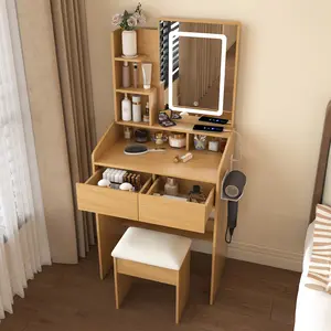 Vanity Table with LED-Illuminated Mirror, Power Outlet, Hairdryer Holder & Stool – Compact Dressing Desk for Small Bedrooms(Wood)
