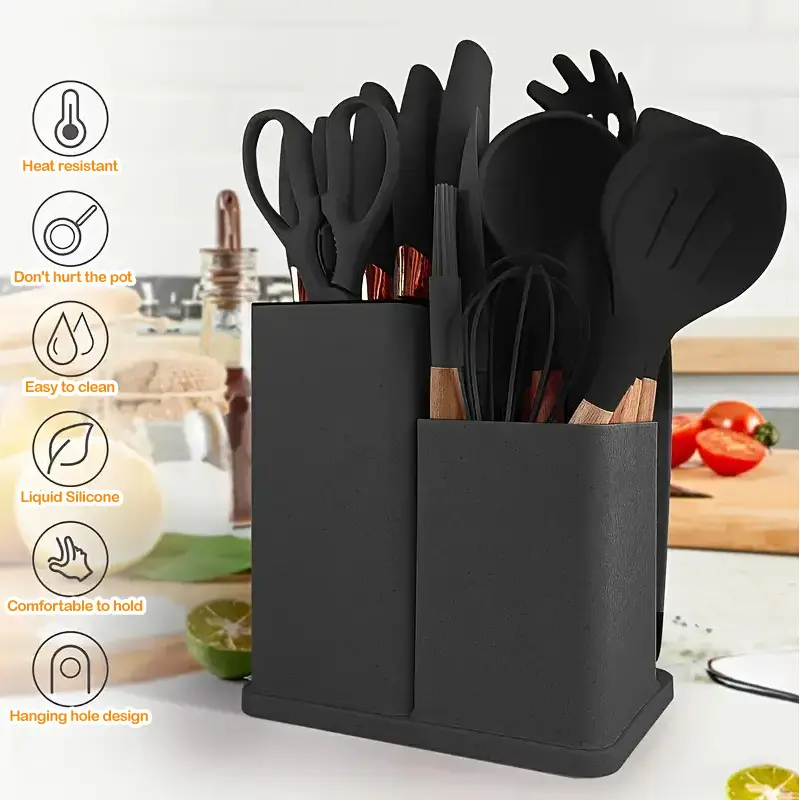 HomeKitchenware New Summer Arrival, 19 Pcs Kitchen Knife Set with Heat Resistant Silicone Utensils & Wooden Handles, Including Chef Knife, Non-stick Kitchen Tools and Cookware Set