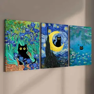 3-Piece Cat Canvas Art Set, Modern Animal Wall Decor, High-Quality Solid Wood Frame, Waterproof & Durable, Ideal Gift Idea, Artwork