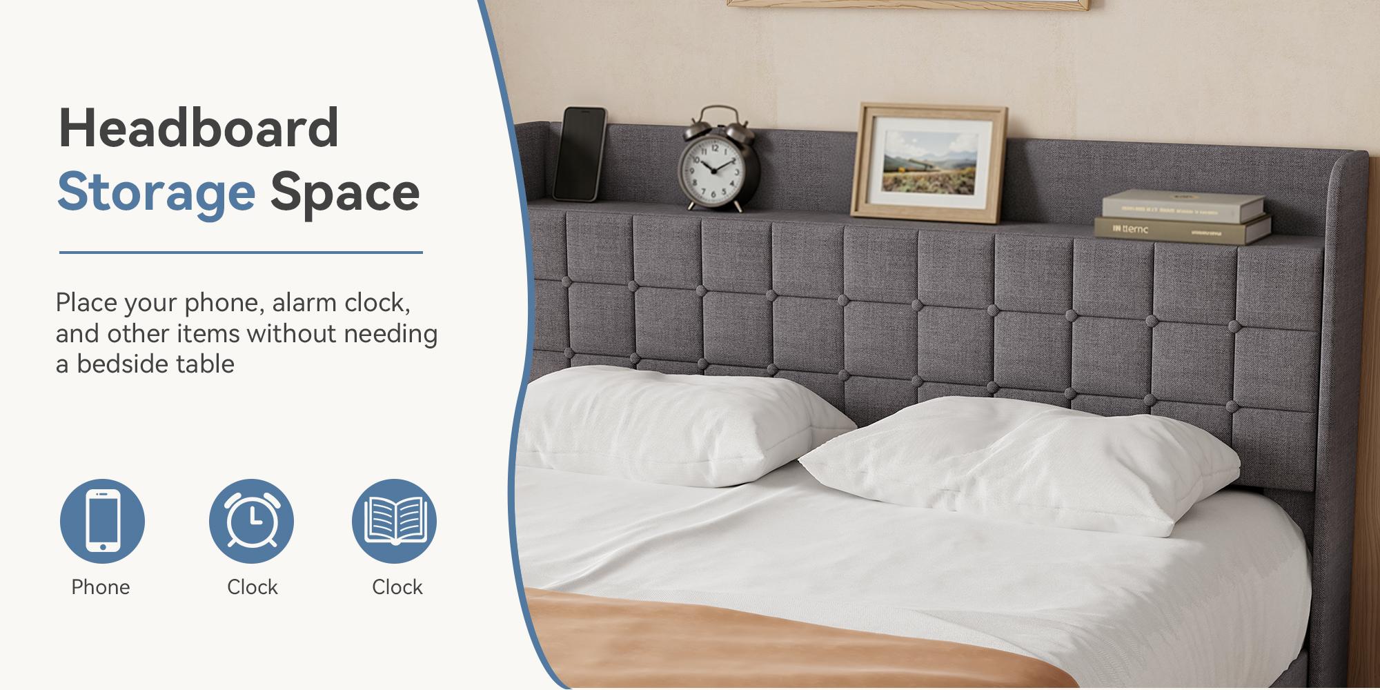 Upholstered Platform Bed Frame with Storage, Full Size Bed Frame with 2 Metal Baskets & Fabric Headboard, Wooden Slats Support, No Box Spring Needed, Easy Assembly, Bedroom Furniture
