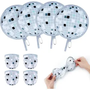 4 Pcs Disco Round Foldable Hand Fans, Disco Styles Handheld Compact Cooling Fans, Multi-Role Round Fans with Pocket for Outdoor Games, Party Decorations,Travel (Disco-4)