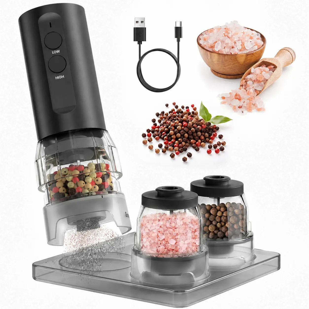 ODIFORGO Electric Salt and Pepper Grinder Set for BBQ Grilling, 2026 New Upgrade, USB Rechargeable Automatic Pepper Mill, 3 Large Capacity Quick-Change Silos, Adjustable Coarseness with LED Light
