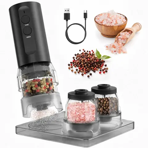 ODIFORGO Electric Salt and Pepper Grinder Set for BBQ Grilling, 2026 New Upgrade, USB Rechargeable Automatic Pepper Mill, 3 Large Capacity Quick-Change Silos, Adjustable Coarseness with LED Light