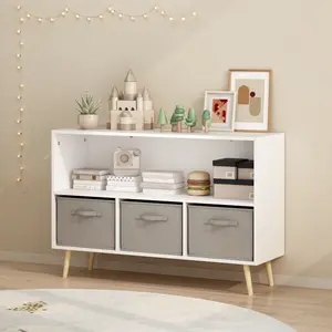 Kids bookcase with Collapsible Fabric Drawers, Children's Book Display, Toy Storage Cabinet Organizer, White/Gray