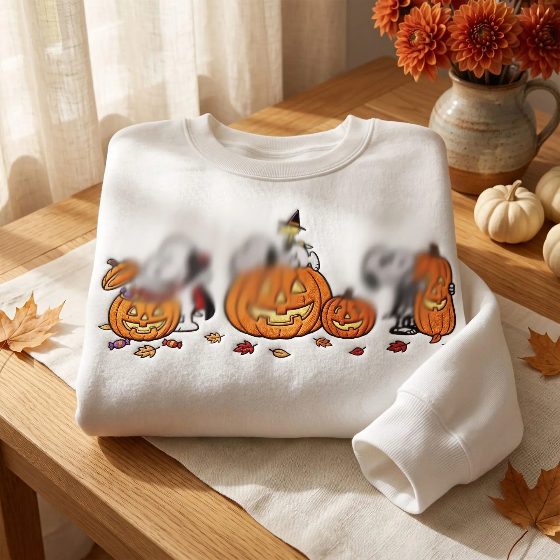 Embroidered Cozy Dog Halloween Pumpkin Shirt, Peanuts Fall Sweatshirt, Cute Ghost Pumpkin Embroidery, Spooky Season Gift for Dog Lovers