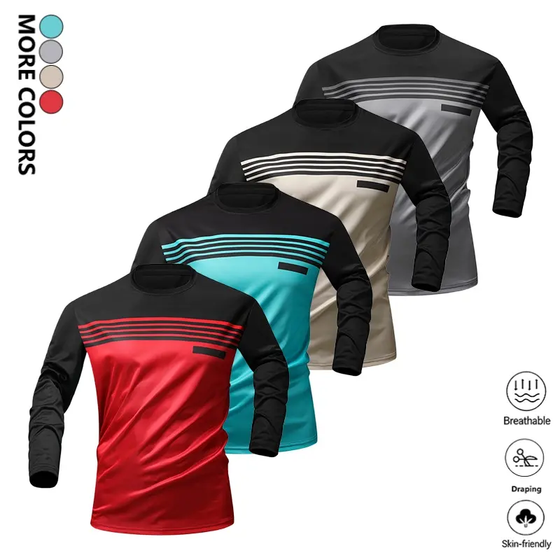 LIFE KEEPS MOVING men’s long-sleeve T-shirts, 4-pack, striped panel design; men’s geometric print crew neck T-shirts, regular fit casual fashion long-sleeve T-shirts for everyday wear, comfortable breathable fabric suitable for summer.