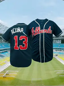 Men's Atlanta #27 Stitched Baseball Jersey Loose-Fit Breathable Short Sleeve Baseball Shirt, Sports Jersey, Sporty Style, All-Season Wear, Deep Blue Letter & Number Embroidery Design