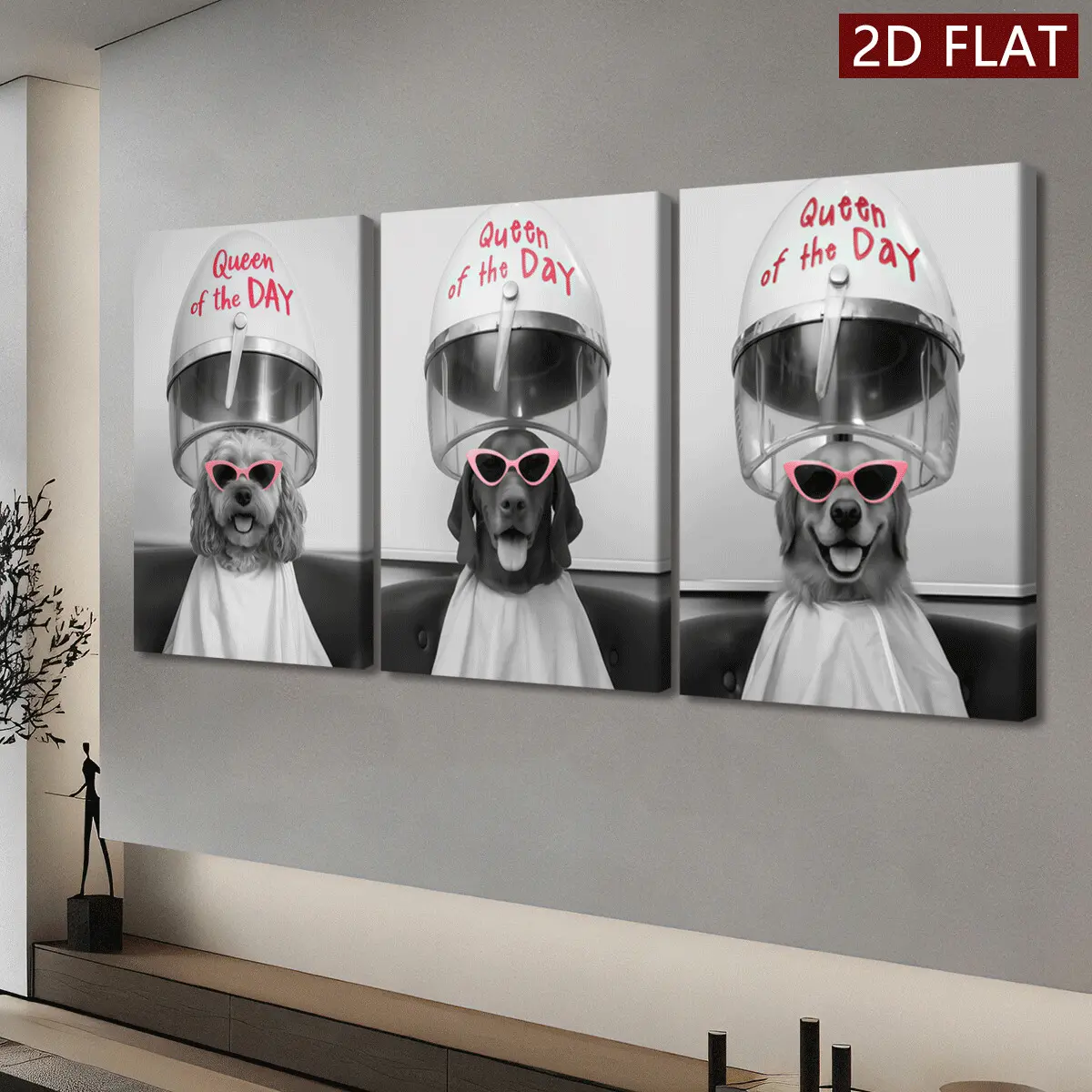 3-Piece Wooden-Framed Glossy Waterproof Canvas Wall Prints - Houndstooth/Marble Accent Animal Under Dryer 2D Paintings with Box, Ideal for Minimalist Kitchen Decor (Thanksgiving, Valentine's Day, Easter Gifts for Contemporary Art Lovers, Home Inspo)