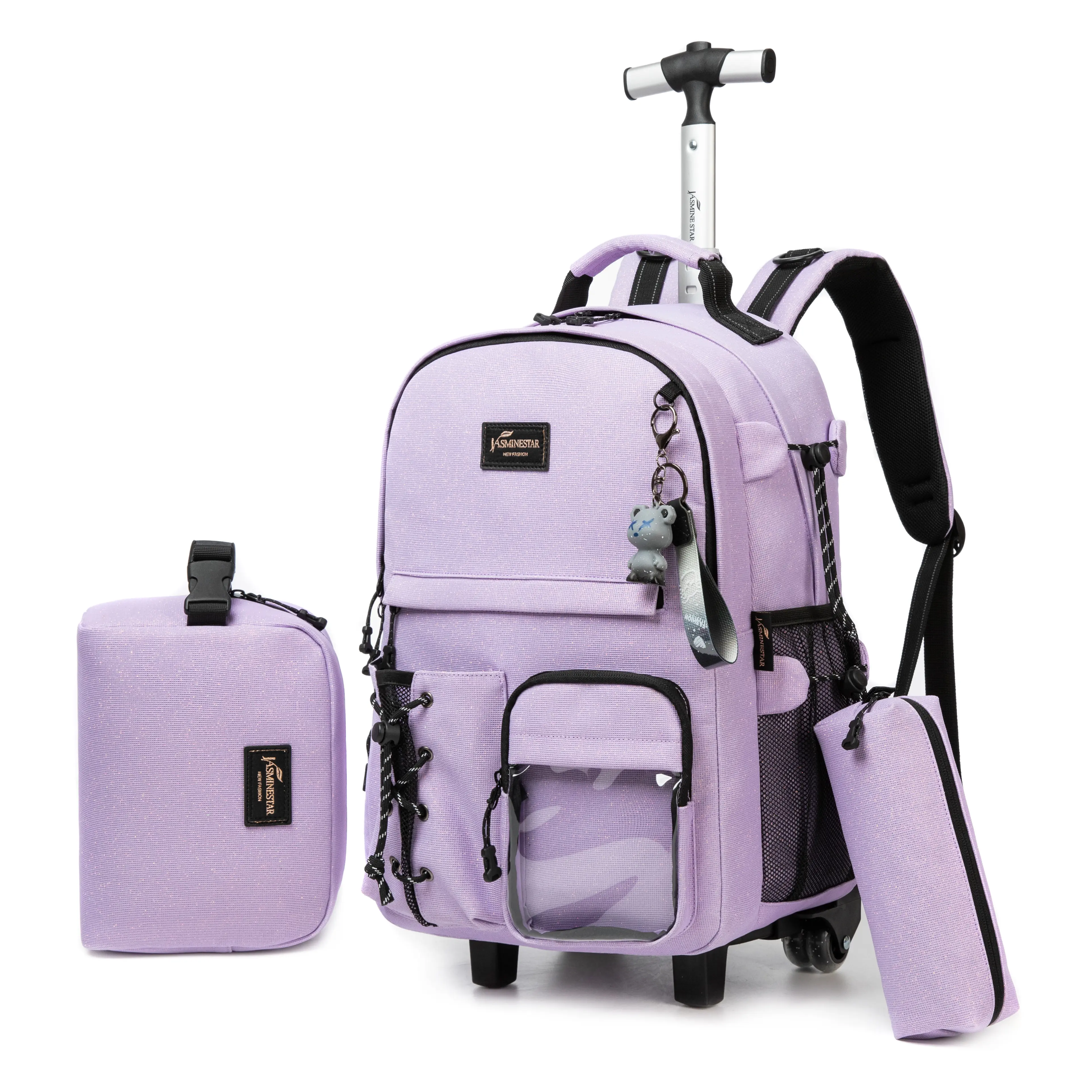 Glitter Purple Wheeled Trolley Backpack Set, Detachable Pull-Along Daypack, Large-Capacity Multi-Compartment Travel Bag with Organizer Pouch and Pencil Case
