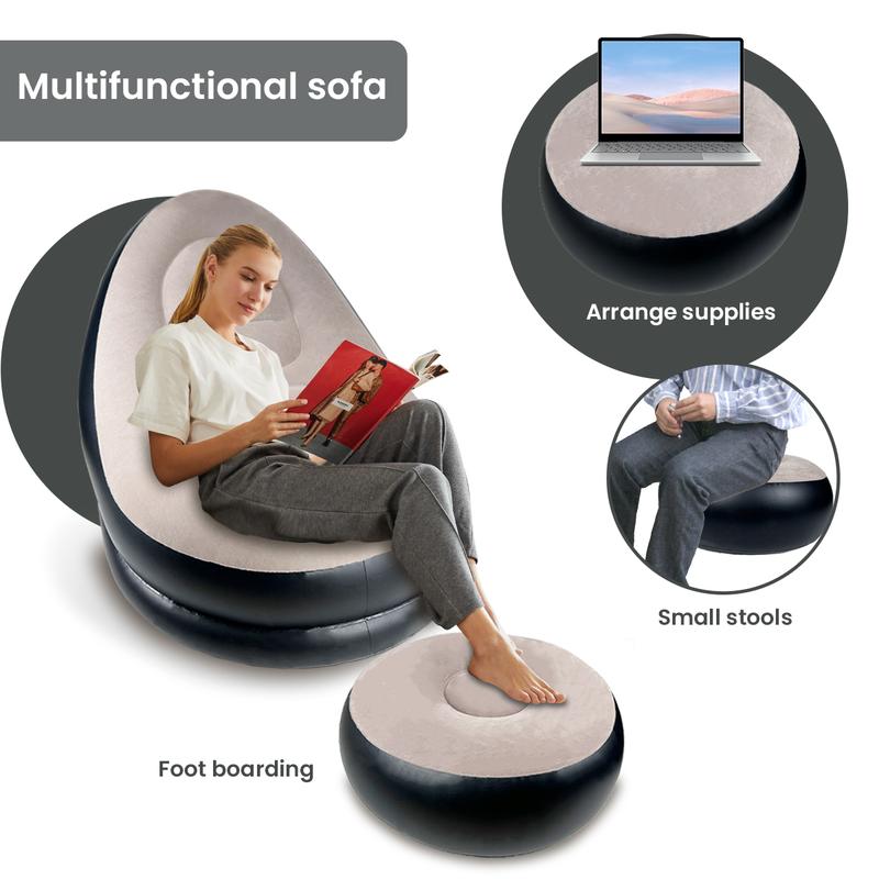 Portable Folding Reclining Lazy Sofa Chair with Foot Stool Flocking Air Couch for Indoor Outdoor Relaxation Gaming Travel Camping Unisex