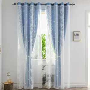 Double-Layer Blackout Curtains with Colorful Star Pattern, Embroidered Sheer Curtain & Insulated Mesh Top, Metal Rings, Bedroom & Living Room, Home Decoration Curtain
