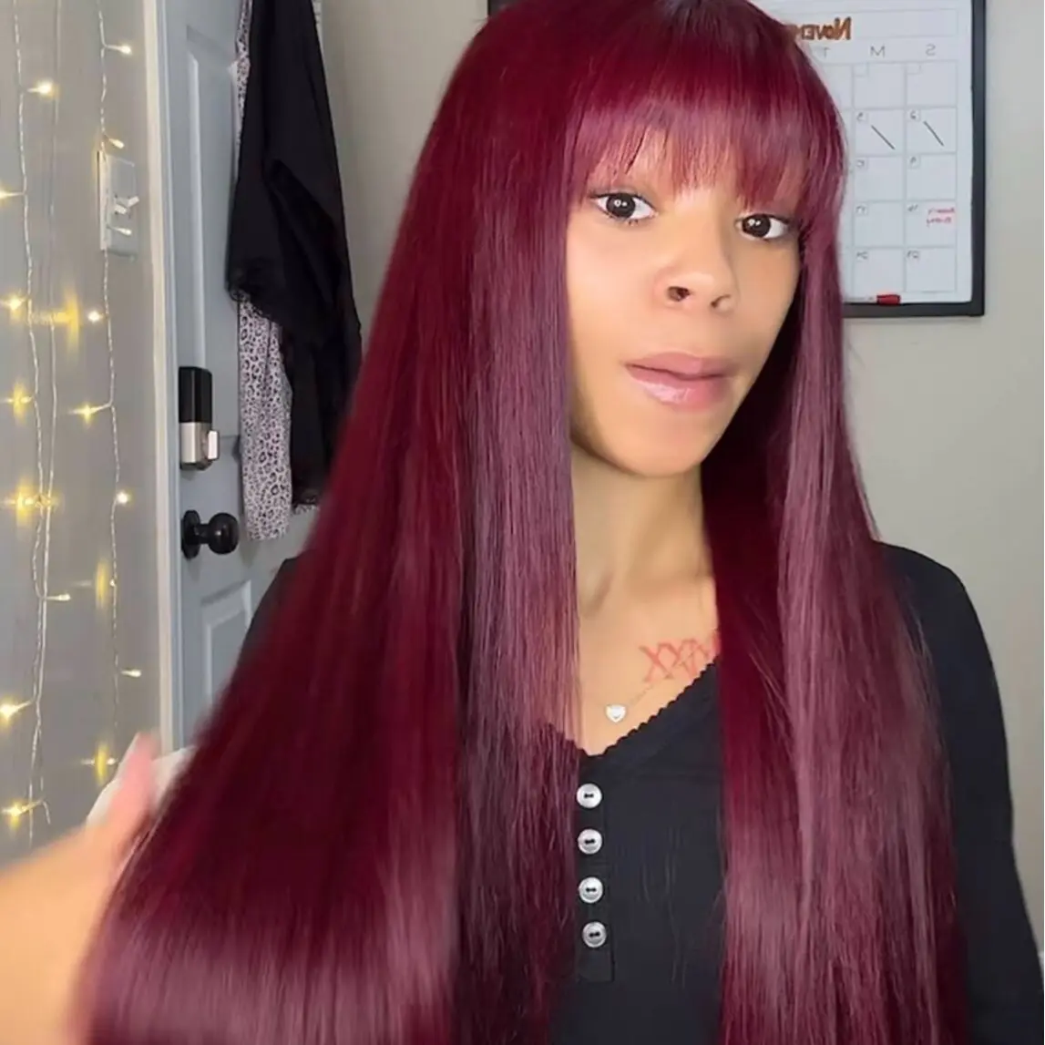 New Menglle Hair 99j Long Straight With Bangs Glueless Human Hair 13X4 Lace Front Wig Burgundy Silky Straight Lace Wig Easy Wear 180% Density Red Wine Color#TikTokShopBlackFriday