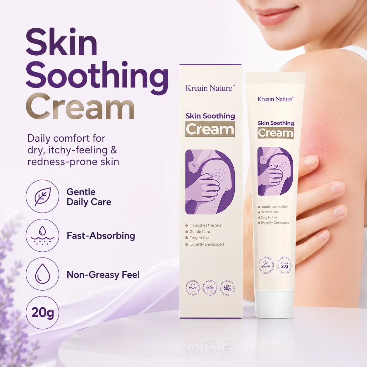 Kreain Nature 3 Skin Soothing Cream, Botanical Face & Body Moisturizer for Dry, Itchy-Feeling & Redness-Prone Skin, Tea Tree Leaf & Centella Asiatica, Lightweight Non-Greasy Daily Care, 20g