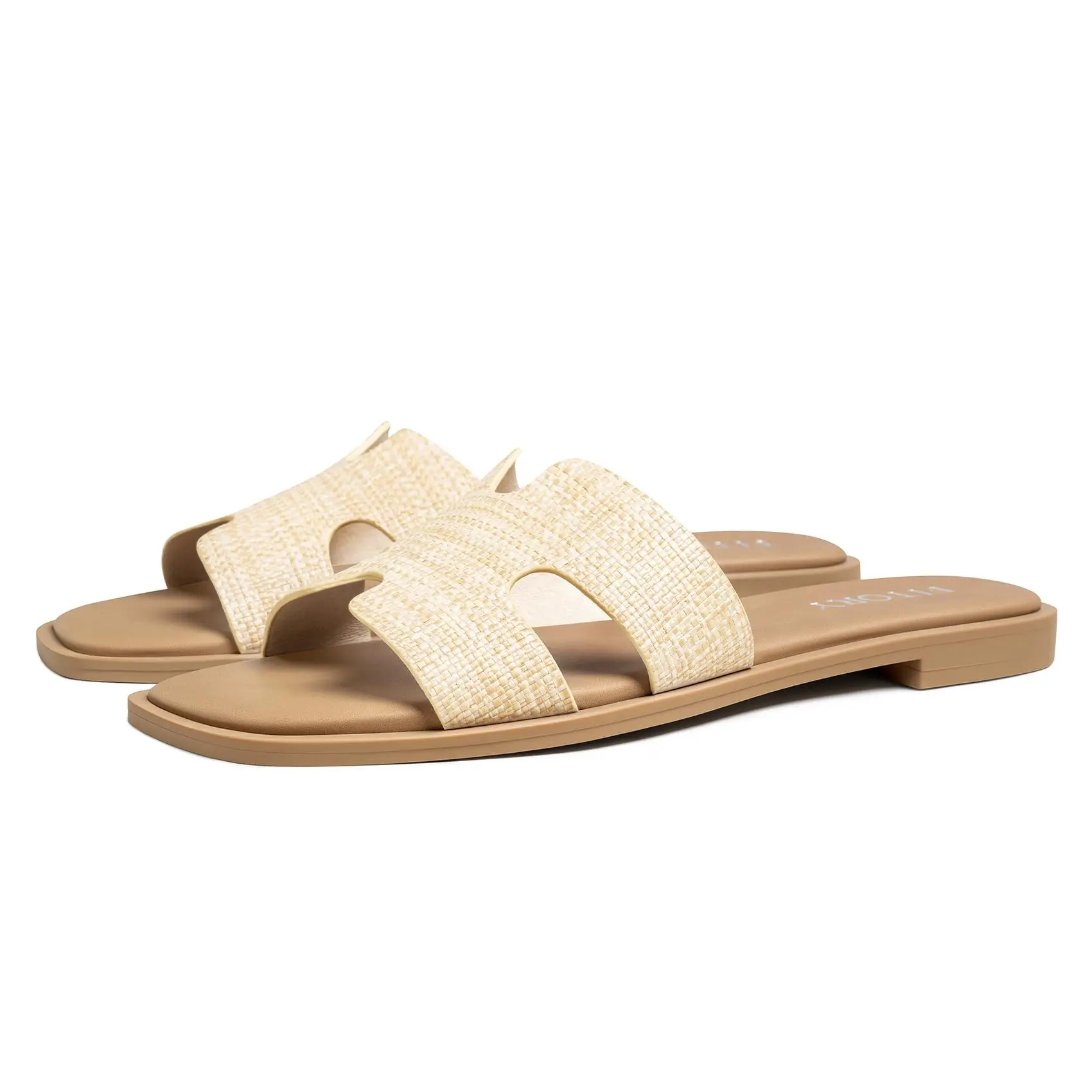 FITORY Women's Casual Flat Sole Slide Sandals - Square Open Toe Footwear with Cushioned Footbed for Summer