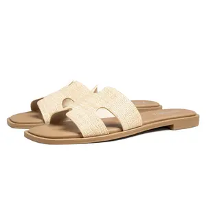 FITORY Women's Slide Sandals, Square Open Toe Flat Sandals with Cushion for Summer
