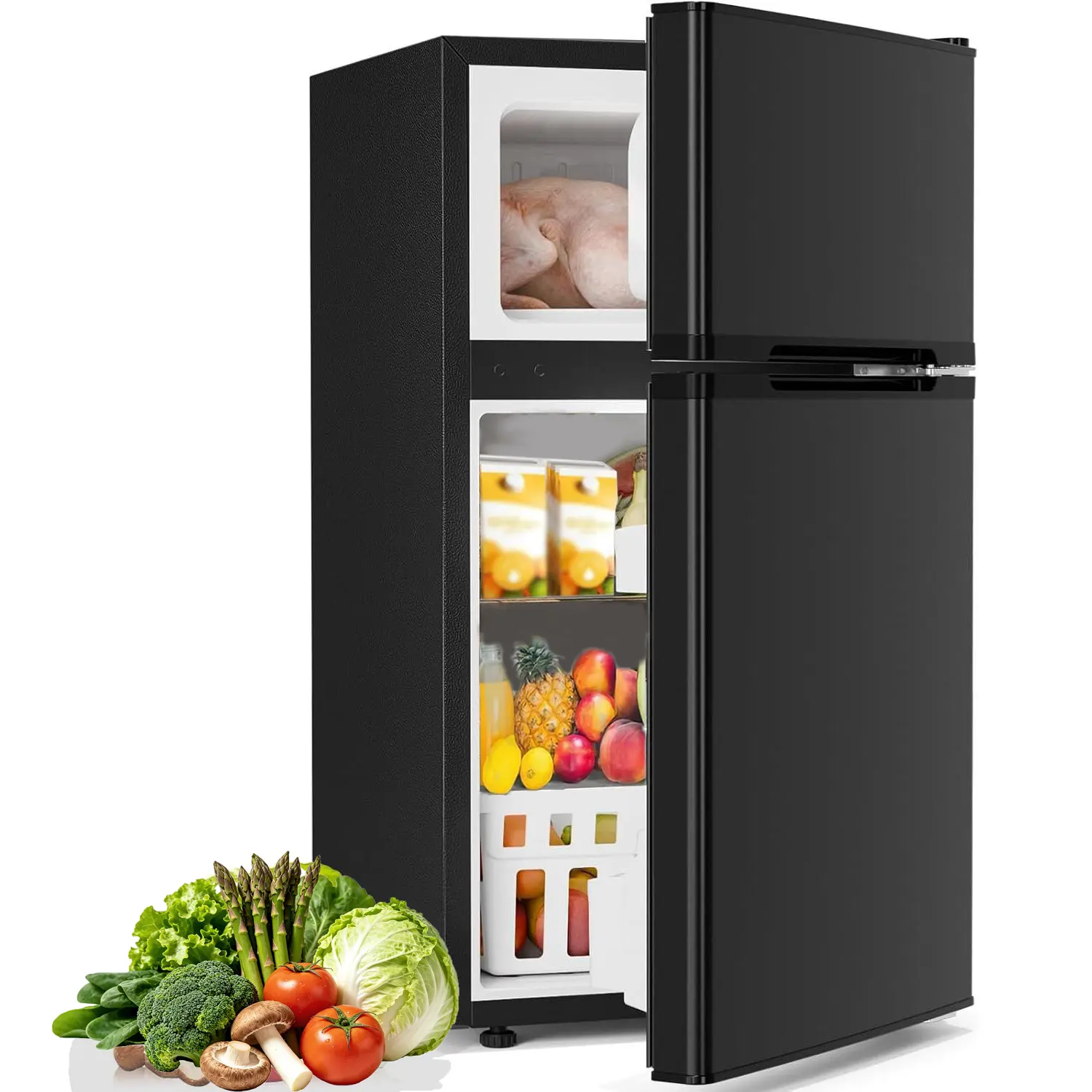 Kismile 3.2 Cu Ft 2-Door Compact Refrigerator with Freezer, Fridge Drawer, Adjustable Shelf, Thermostat – Silver for Bedroom, Office, Two-Door Mini Freezers,home essentials