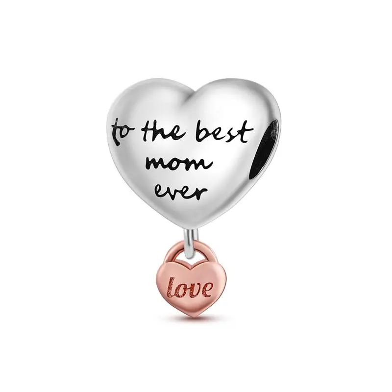 MULA Handwritten Heart Charm, S925 Silver Engraved "Best Mom Ever" Bead, Rose Gold Love Lock Dangle for Pandora, Mothers Day Memory Keepsake, Childhood Promise Jewelry, Thank You for Holding the Key Gifts