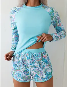 Women's Boho Tankini Swimsuits Set, 2-Piece High Neck Long Sleeve Rash Guard with High-Stretch Printed Shorts for Beach Surfwear