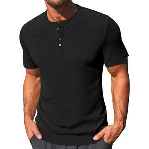 Men's Henley Shirts Short Sleeve Casual Ribbed Knitted Summer T-Shirt Slim Fit Workout Muscle Tops Menswear Tshirt