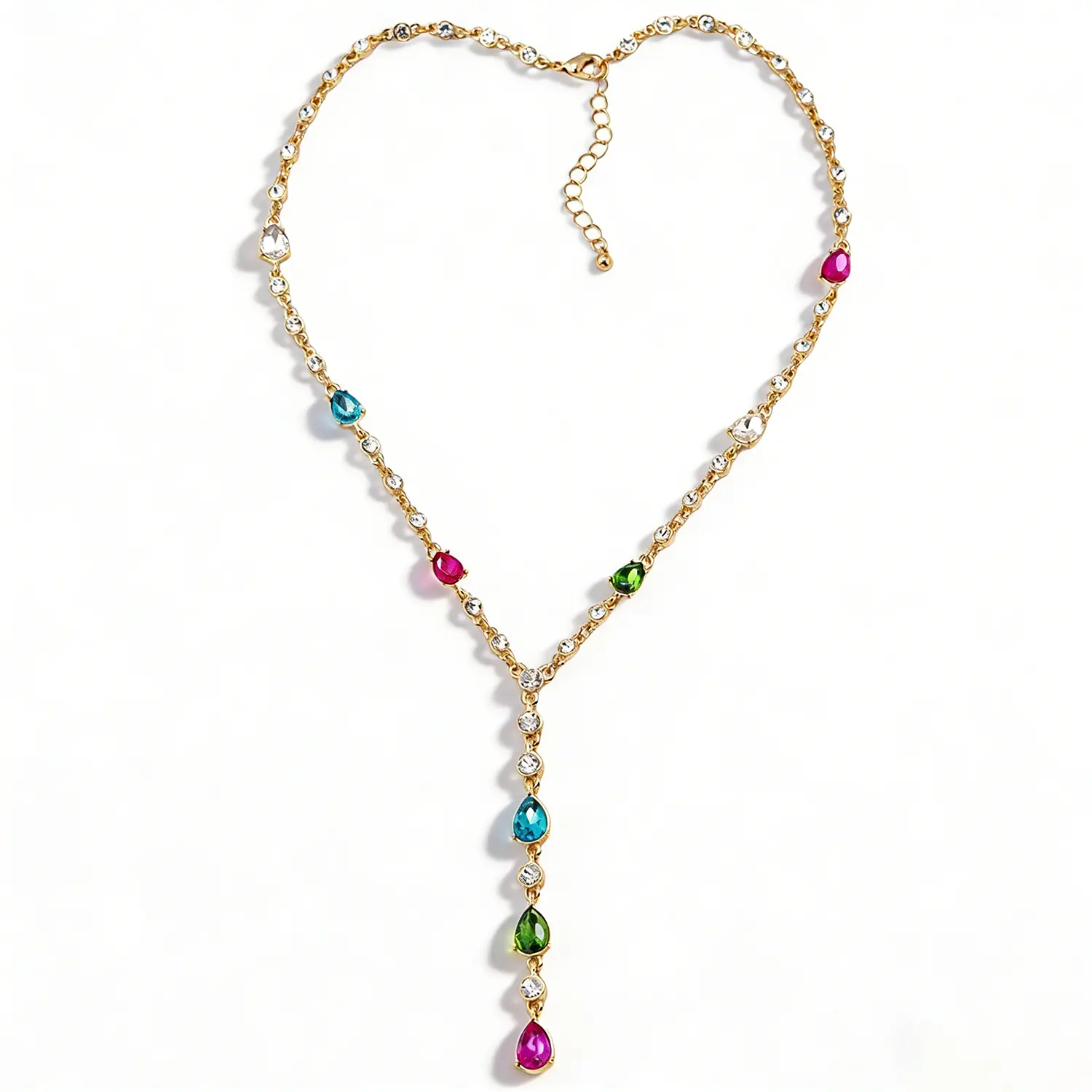 Women's Gold-Tone Collarbone Chain, Dainty Y Lariat Necklace with Rainbow Gemstone Drop Pendant, Stackable Jewelry for Casual Wear, Collarbone Fit, Female