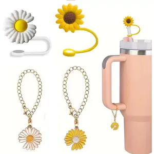 Sunflower Stanley Straw Covers Cap+Charms for Stanley Cup 30-40 oz,10mm/0.4in Silicone Cup Accessories 4Pcs,Flower Straw Toppers for Stanley Tumblers