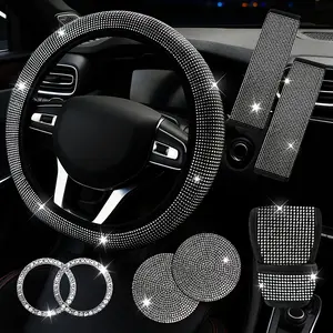 Bling Rhinestone Car Accessories 8Pcs Set for Women, Sparkly Diamond Steering Wheel Cover Seat Belt Cushion Shift Knob Cover Push Start Ring Cup Coaster, Multicolor Auto Interior Decor