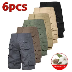 Men’s 6-Pack 100% Cotton Cargo Shorts, Multi-Pocket Casual Workwear, Elastic Waist, Durable & Breathable, Perfect for Outdoor Activities, Everyday Wear, and Summer Street Style.