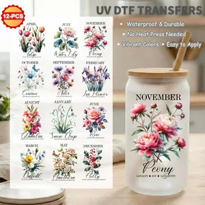 12pcs Watercolor Birth Flower UV DTF Decals, Full Year Botanical Floral Transfer Bundle, Waterproof 3D Stickers for DIY Gifts, UV DTF Transfers