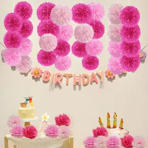 15 Pcs Pink Fluffy Pom Pom Decor Set – Tissue Paper Balls for Baby Showers, Birthday Parties, Gender Reveals, and Event Party Styling
