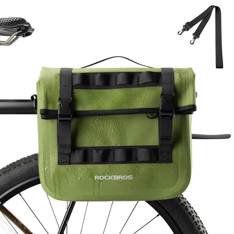 ROCKBROS Bike Pannier, 15L Roll-Top Rear Rack Bag, Waterproof 600D Polyester with Quick Installation System & Reflective Accents for Commuting & Travel, Outdoor Cycling Accessories, Rock Bros, Humanized Design, Reflective Mesh Pockets, 3-Point Attachment,