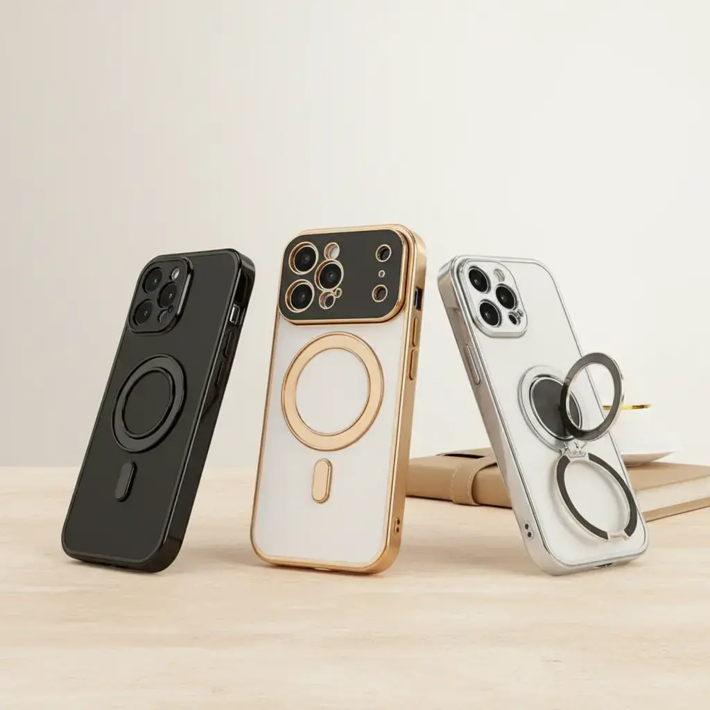 Metal Shell Phone Case for iPhone 17 Pro Max - Anti-Fall, Anti-Shock Full Coverage, Spring Clip, Rotating Stand, Fits iOS 16/15 Smart Phones