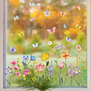 Butterfly & Flower Pattern Window Sticker, 1 Sheet Double Sided Visual Window Decal, Decorative Sticker for Home Living Room Bedroom, Ornaments