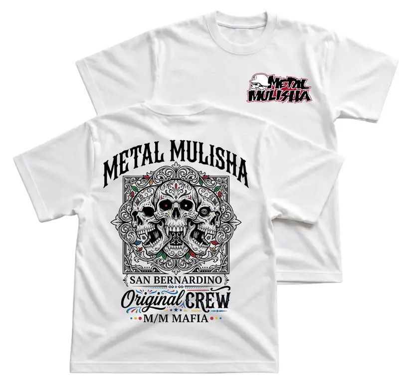 Metal Mulisha Skull T-Shirt, Tattoo Style Graphic Tee With San Bernardino Original Crew Back Print, Front Chest Skull Logo Shirt, Bold Biker Street Apparel Gift for Men