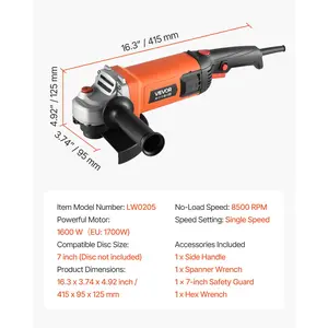 VEVOR Angle Grinder, 7 Electric Grinder Power Tool, 13Amps 8500RPM High-Speed Corded Angle Grinders with 270 Adjustable Dust Guard for Metal Grinding, Cutting, Rust Removal (Disc Not Included)