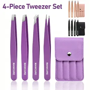 4pcs/Set Stainless Steel, Durable Colorful Tweezers Set, High Precision Portable Eyebrow & Hair Removal Tools, Makeup Beauty Tools, Available In Purple, Pink (1pc/4pcs Set)