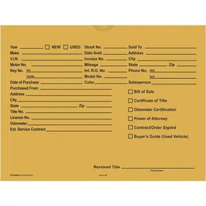 Printed Vehicle Deal Envelopes 9x12 Deal Jackets (100 shrink wrapped) (Buff)