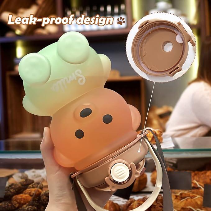 Cute Bear Water Bottle with Strap and Straw, 32oz Kawaii Water Bottles, Leak-proof Plastic Drinking Cups Camping Picnic Hiking Travel