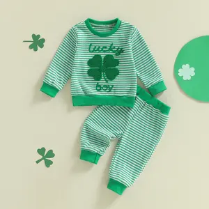 Babamoon St. Patrick's Day Kids Baby Boy Irish Outfits Set Long Sleeve Clover Embroidery Lucky Boy Sweatshirt Tops Pants Set Toddler Clothes
