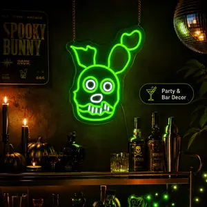Green Horror Bunny Neon Sign LED Wall Light, Creepy Animatronic Rabbit Face Acrylic Neon Lamp, Gaming Room Decor, Horror Style Man Cave Wall Decor, USB Powered Dimmable Hanging LED Light, Spooky Arcade Room Decor Gift for Gamers