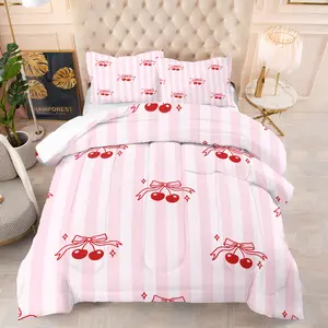 Cherry Girl Bow Quilt, Girls Bedroom Decor Gift, Includes 1 Quilt and 1 or 2 Coreless Pillowcases, Summer Cooling Quilt