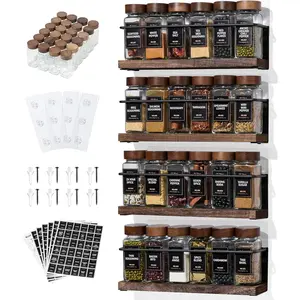 4-Tier Wall Mounted Spice Rack Organizer Set with 24 Glass Jars, 216 Labels and Funnels - Screw/Adhesive Mount, Black Metal and Wood Spice Storage for Kitchen Storage Cabinets, 11.6"L x 2.4"W x 3.2"H