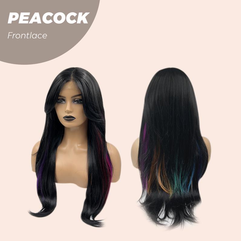 JBEXTENSION 26 Inches Curly Black With ​Multiple Color Pre-Cut Frontlace Wig PEACOCK
