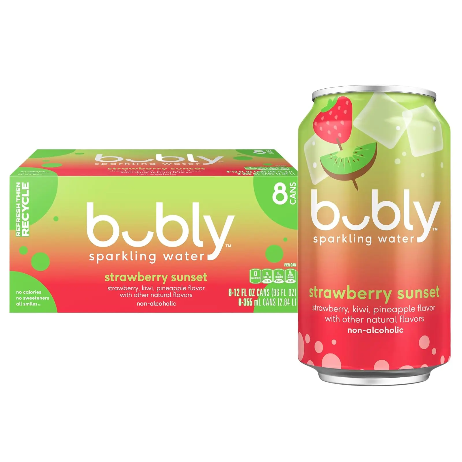 bubly Sparkling Water, Strawberry Sunset, 12 Fl Oz Cans (8 Pack)