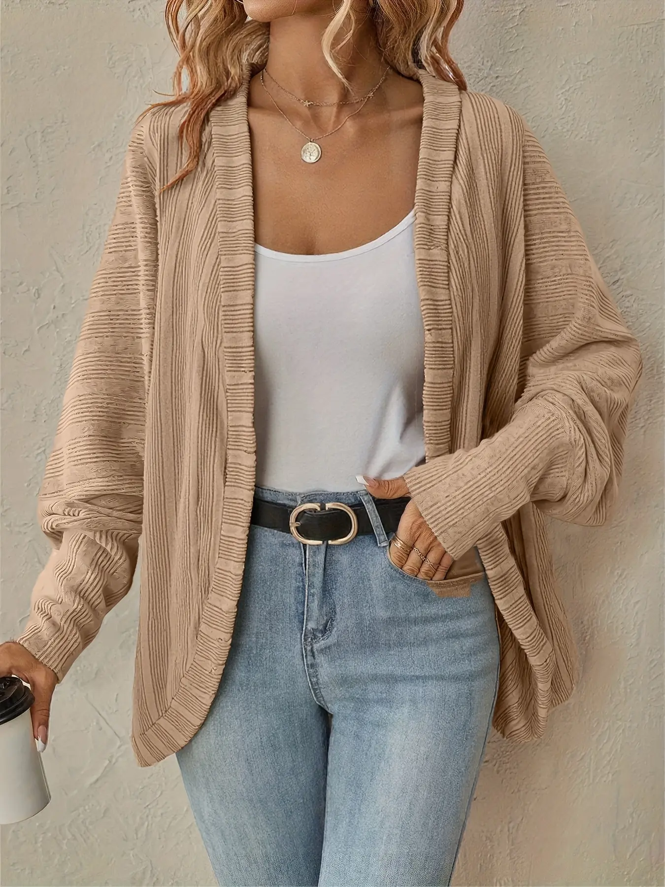 Fashion Solid Color Ribbed Striped Long Sleeve Plus Size Cardigan, Stylish Casual Outerwear for Women, Comfortable and Trendy Knit Sweater, Knitwear, Womenswear