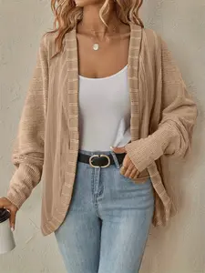 Fashion Solid Color Ribbed Striped Long Sleeve Plus Size Cardigan, Stylish Casual Outerwear for Women, Comfortable and Trendy Knit Sweater, Knitwear, Womenswear