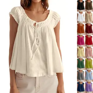 ARTFREE Women Summer Tie Front Tank Tops Cap Sleeve Pleated Babydoll Tops Casual Loose Fit Going Out Flowy Shirt