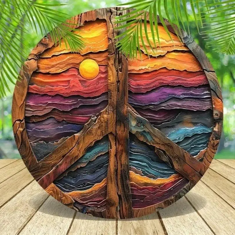 Vintage Peace Sign Wall Art, Artistic, 8x8 Inch Iron Plaque with Colorful Floral Design, 2D printing, random hole pattern, Ideal for home, cafe, bar, or garden decor, Perfect indoor/outdoor gift for Birthday, Christmas, Graduation & more, Decoration Items