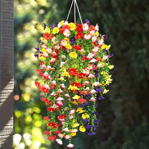 Artificial Fake Hanging Flowers Plants, 4 Counts Faux Silk Flower, Indoor Outdoor Decorative, UV Resistant Morning Glory Petunia for Garden Porch Patio Balcony Yard Decor